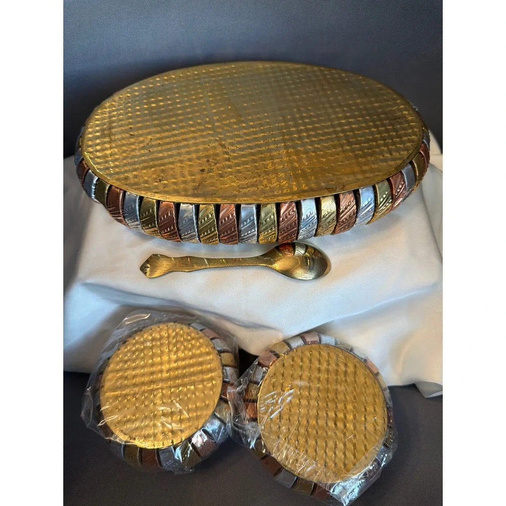 Vintage Mixed Metal Tri-Tone Serving Set Hammered Copper Brass Silver 4pc Bowl